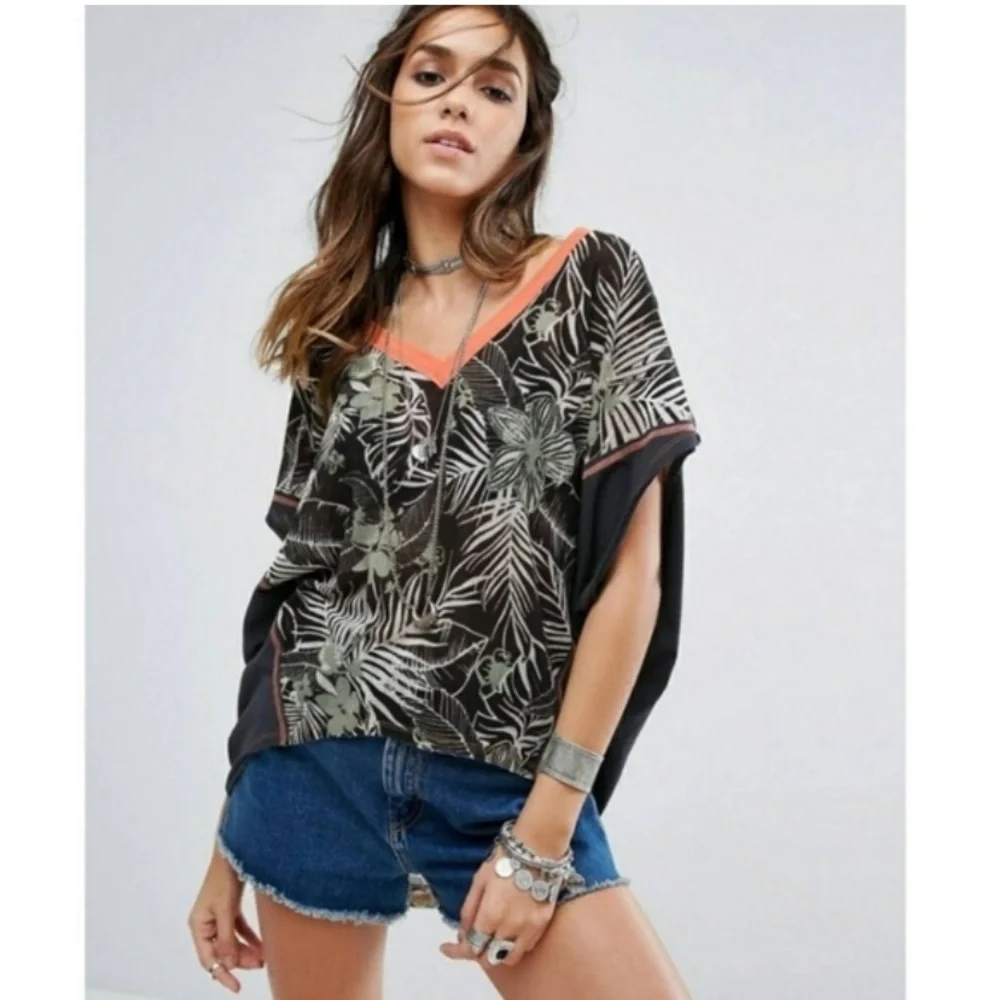 We The Free Black Green & Orange Floral Flowy Short Sleeve Top - Picture 4 of 6